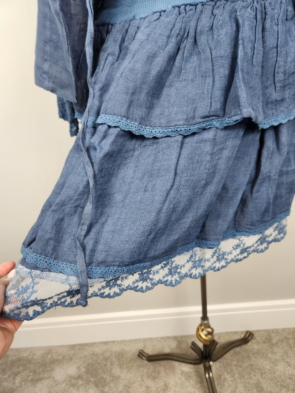 100% Linen Skirt Top Set Tiered Crochet Ruffle Southwest Western Stampede Size M - Picture 7 of 14